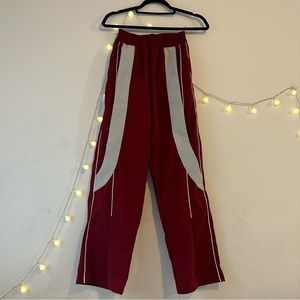 Red and white windbreaker pants